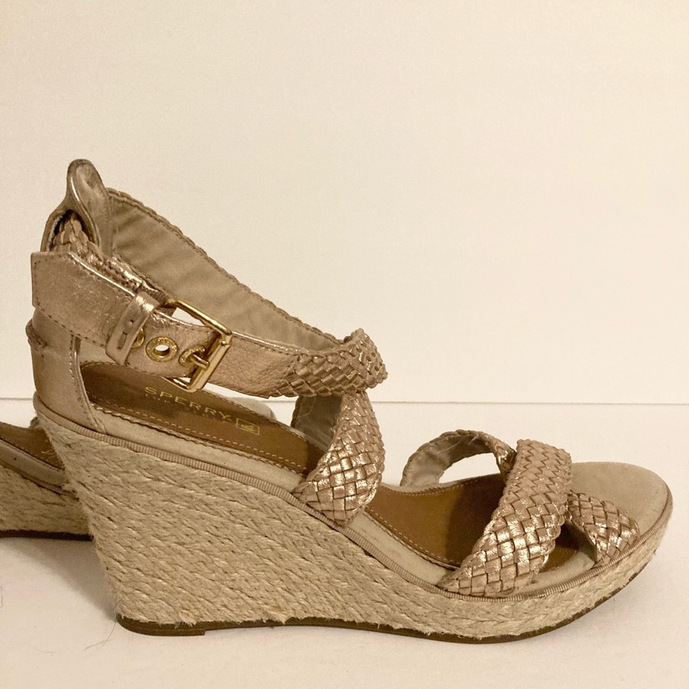 Sperry Top Sider Gold Braided Wedge Sandals 10 M